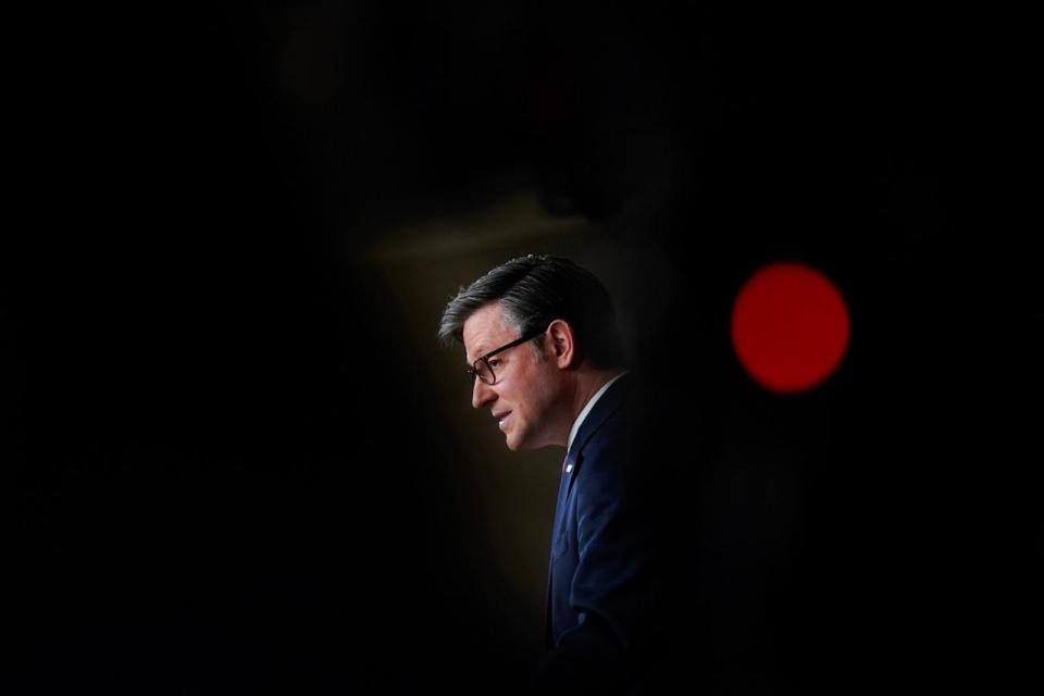 PHOTO: Speaker of the House Mike Johnson, Republican of Louisiana, speaks during a news conference after a closed-door House Republican caucus meeting on Capitol Hill in Washington, D.C., on Feb. 29, 2024. (Drew Angerer/AFP via Getty Images, FILE)