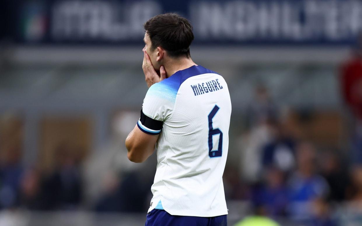 Harry Maguire of England looks dejected during the UEFA Nations League League A Group 3 match between Italy and England at San Siro on September 23, 2022 in Milan, Italy - Sportinfoto/DeFodi Images via Getty Images