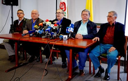 Commanders of the Revolutionary Armed Forces of Colombia (FARC) and now members of the political party Revolutionary Alternative Common Force (FARC), attend a news conference in Bogota