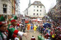 <p>Children in carnival uniforms celebrate during the Rose Monday parade in Cologne, Germany, Feb. 27, 2017. REUTERS/Thilo Schmuelgen </p>