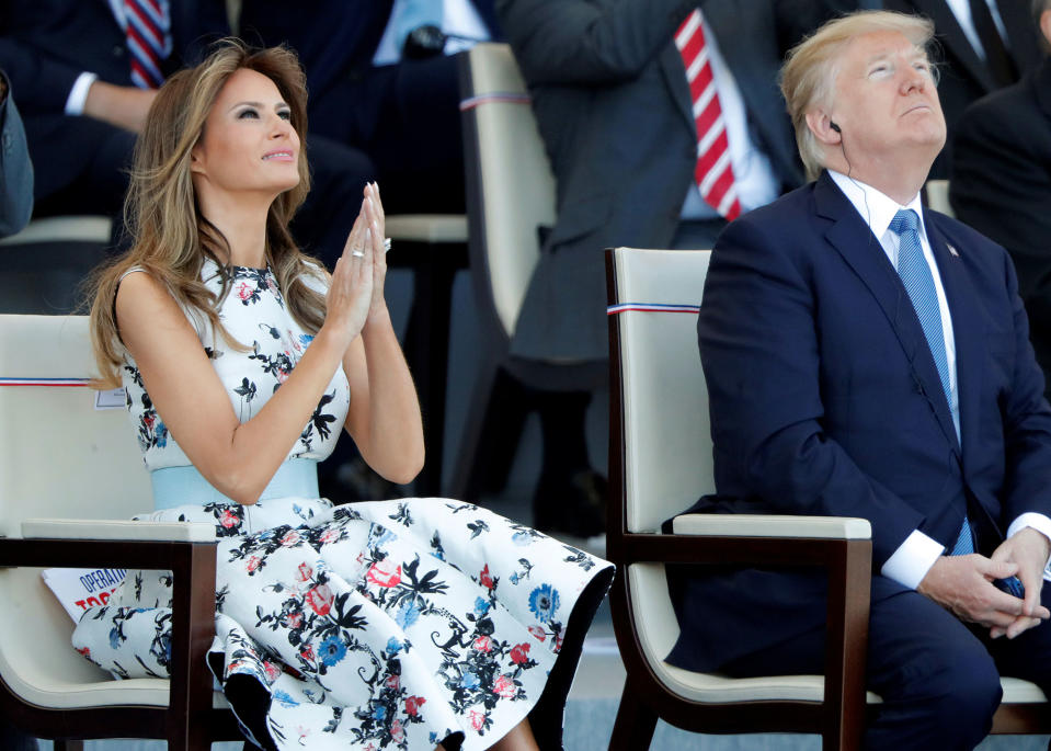 <p>President Donald Trump and First Lady Melania Trump attend the traditional Bastille Day military parade on the Champs-Elysees in Paris, France, July 14, 2017. (Photo: Charles Platiau/Reuters) </p>