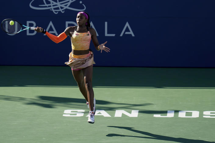 Coco Gauff, of the United States, hits a forehand to Paula Badosa, of Spain, at the Mubadala Silicon Valley Classic tennis tournament in San Jose, Calif., Friday, Aug. 5, 2022. (AP Photo/Godofredo A. Vásquez)