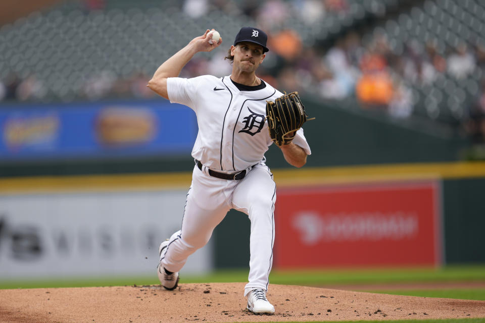 Detroit Tigers pitcher Sawyer Gipson-Long throws against the Chicago White Sox in the first inning of a baseball game, Sunday, Sept. 10, 2023, in Detroit. (AP Photo/Paul Sancya)