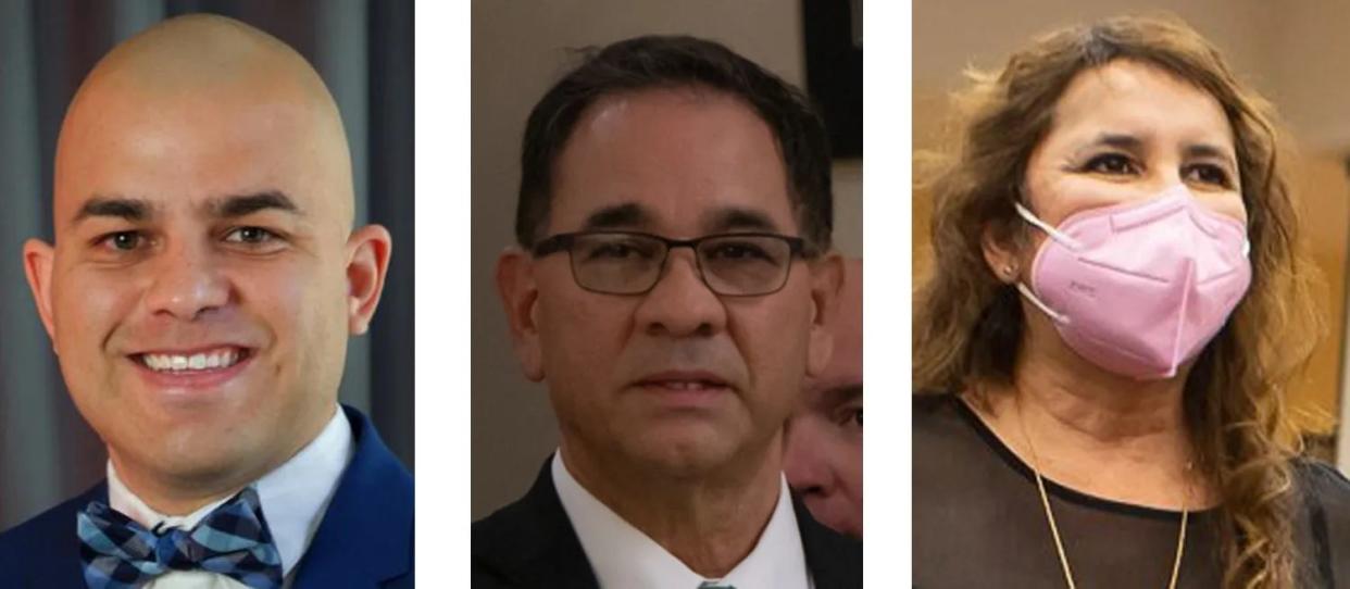 Socorro ISD trustees Pablo Barrera, left, and Ricardo "Richard" Castellano, center, and fromer SISD teacher Gabriela Castellano were arrested Thursday following an investigation by the Texas Rangers.