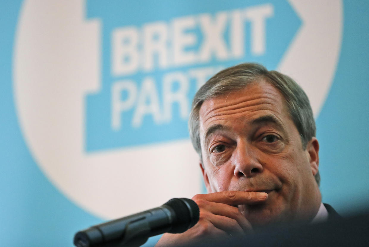 Brexit Party chairman Nigel Farage addresses the media during a news conference focussing on postal votes in London, Monday, June 24, 2019.  Farage called for an end to the election postal votes system under its current form. (AP Photo/Frank Augstein)