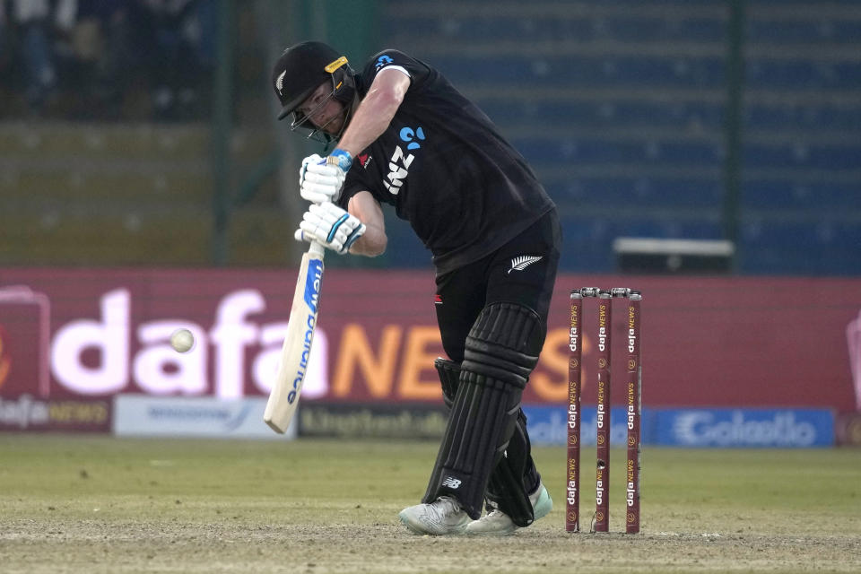 New Zealand's Glenn Phillips plays a shot during the first one-day international cricket match between Pakistan and New Zealand, in Karachi, Pakistan, Monday, Jan. 9, 2023. (AP Photo/Fareed Khan)