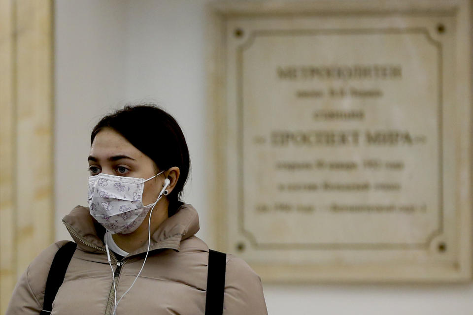 MOSCOW, RUSSIA - MARCH 16: A woman wears a medical mask as a preventive measure against the coronavirus (Covid-19) outbreak in Moscow, Russia, on March 16, 2020. (Photo by Sefa Karacan/Anadolu Agency via Getty Images)