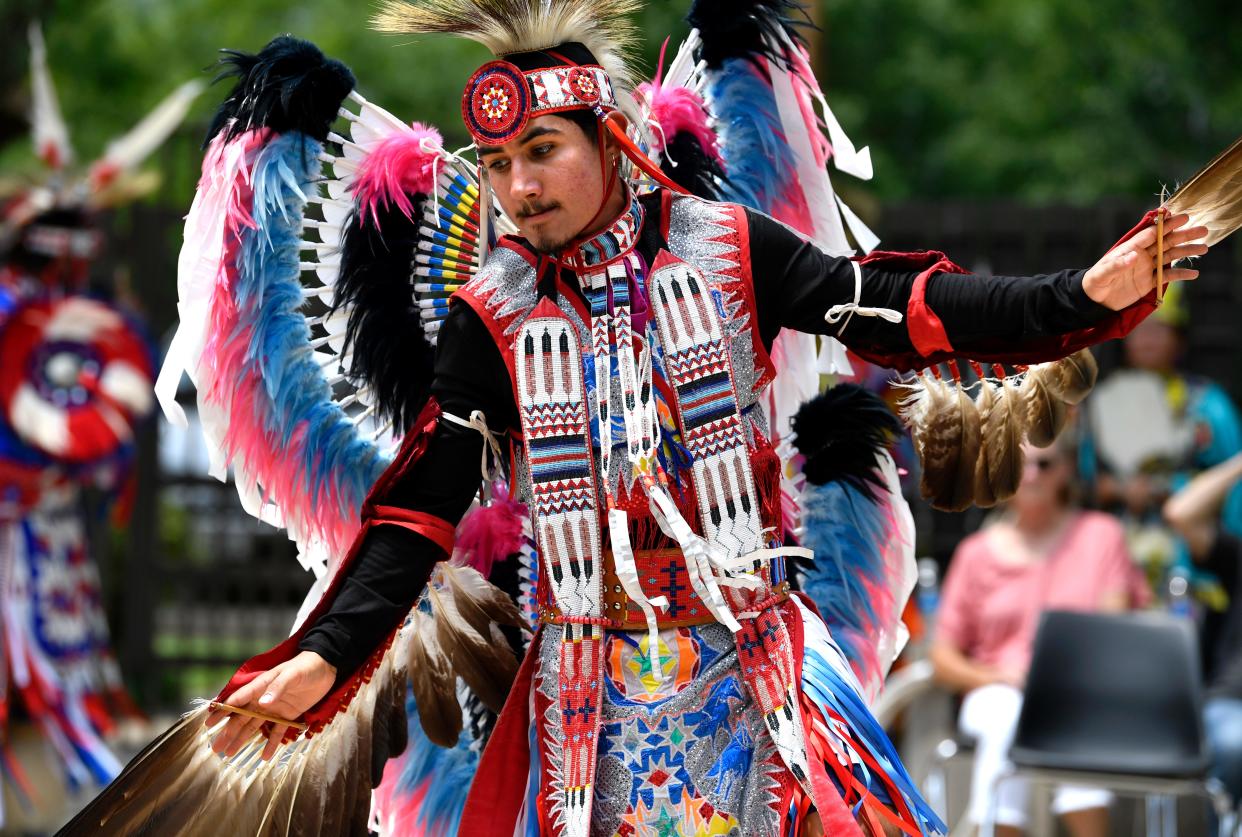 Sokobi Talisian Connywerdy performs the Eagle Dance during the visit of the Oklahoma Fancy Dancers to the Old Jail Art Center in Albany June 17. The performance coincided with the exhibition of Cheyenne ledger art at the museum.