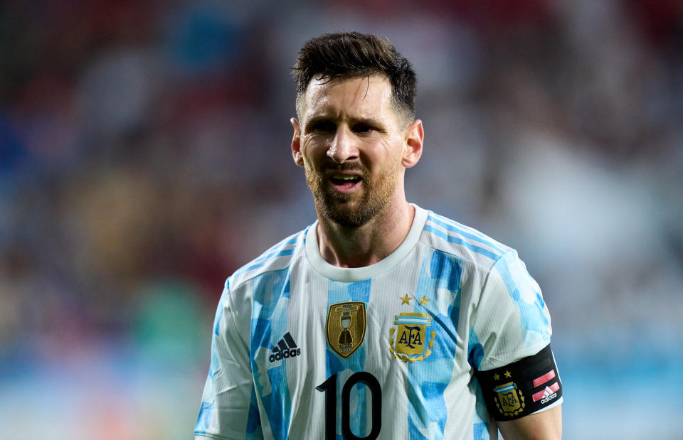 PAMPLONA, SPAIN - JUNE 05: Lionel Messi of Argentina reacts during the international friendly match between Argentina and Estonia at Estadio El Sadar on June 05, 2022 in Pamplona, Spain. (Photo by Juan Manuel Serrano Arce/Getty Images)