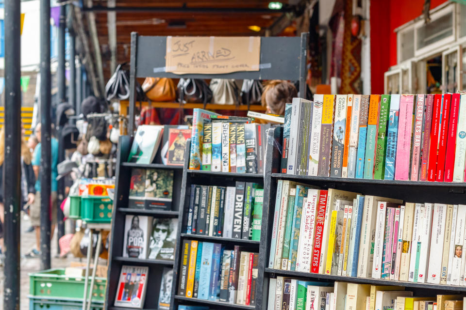 London, UK - September 1, 2017 - Shelves of used books on display at a second hand book shop in Camden Market