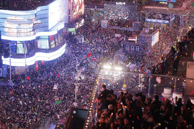 Revelers pack the streets in Times Square for the New Year's Eve celebrations in New York City on Monday. Photo by John Angelillo/UPI