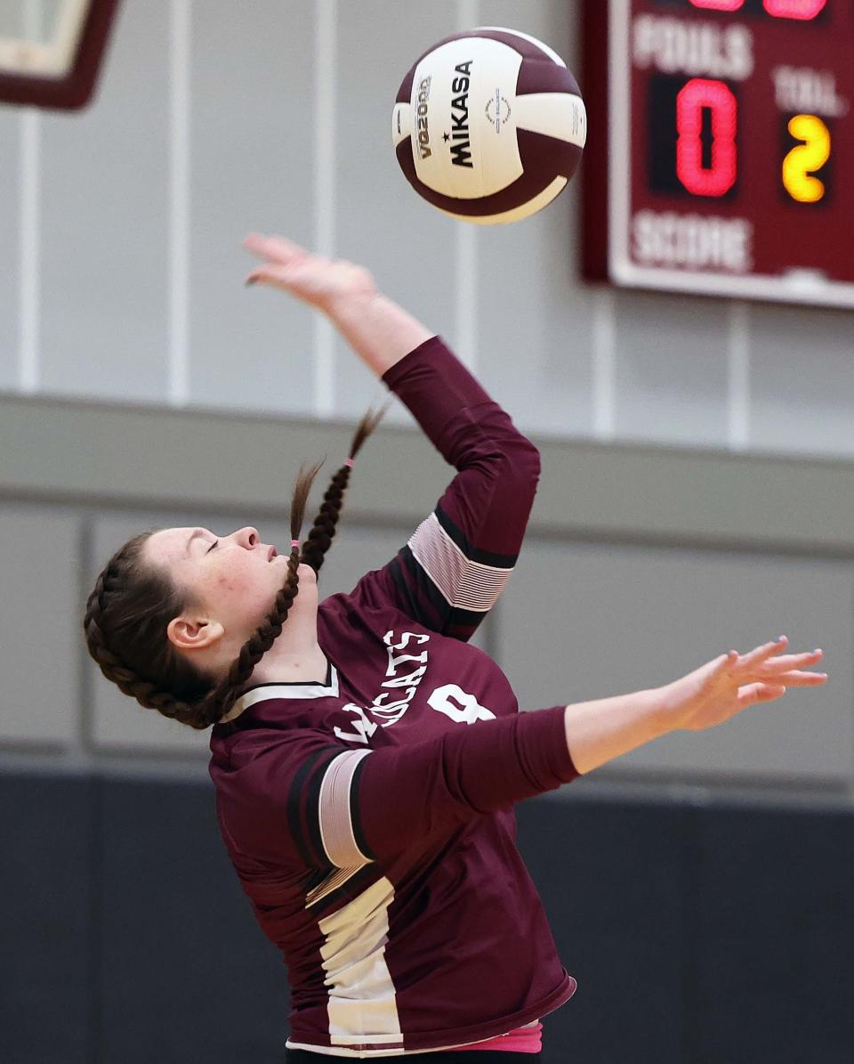 West Bridgewater's Brooke Robichaud serves the volleyball during a game versus Calvary Chapel High School on Tuesday, Oct. 18, 2022.  