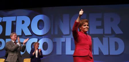 Party leader Nicola Sturgeon waves after speaking at the Scottish National Party's conference in Aberdeen, Scotland, Britain March 18, 2017. REUTERS/Russell Cheyne