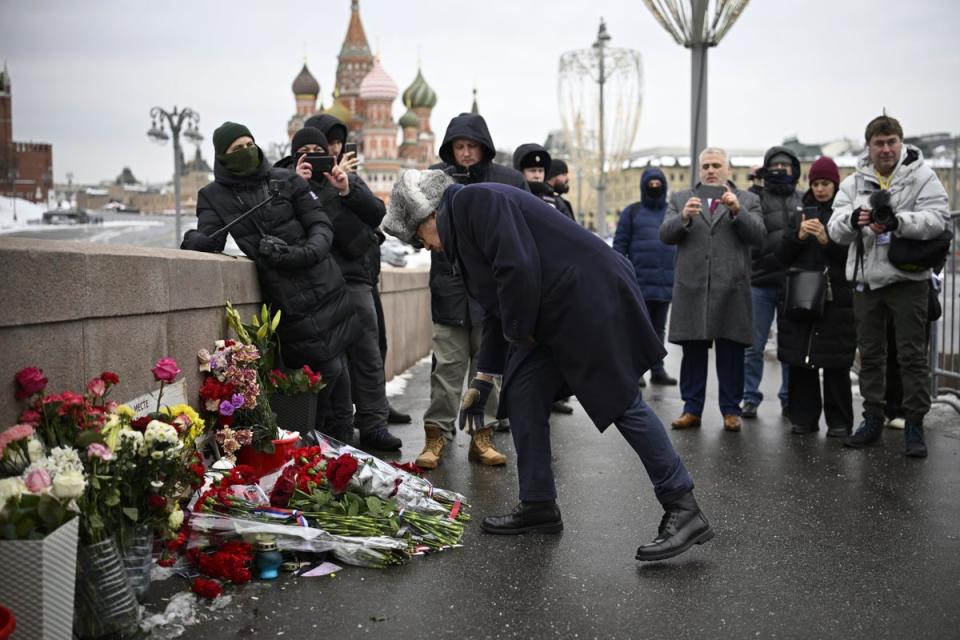 French Ambassador to Russia Pierre L'vy lays flowers at the place where Russian opposition leader Boris Nemtsov was gunned in 2015 (Copyright 2024 The Associated Press. All rights reserved.)