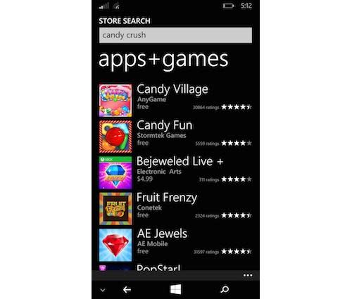 Windows Store search for Candy Crush