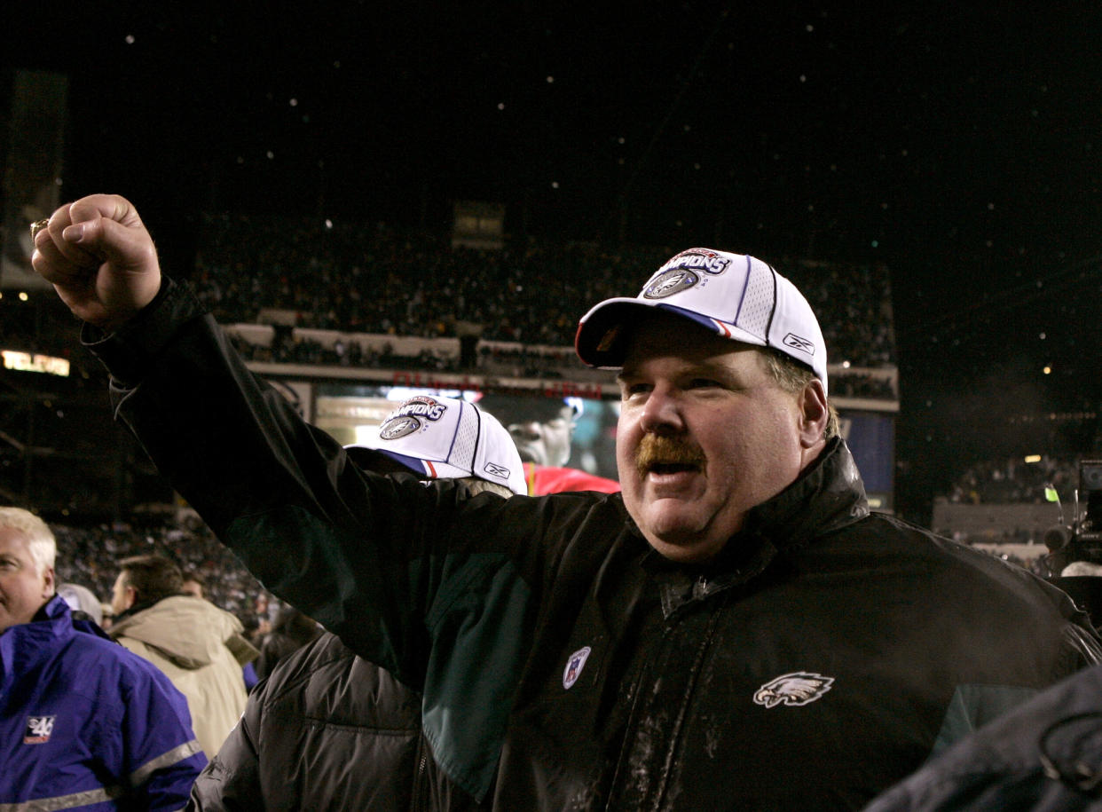 PHILADELPHIA - JANUARY 23:  Head coach Andy Reid of the Philadelphia Eagles celebrates winning the game 27-10 over the Atlanta Falcons in the NFC Championship game at Lincoln Financial Field on January 23, 2005 in Philadelphia, Pennsylvannia.  (Photo by Brian Bahr/Getty Images)