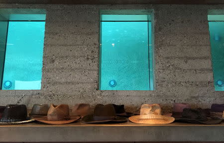 Hats a lined up beneath windows that show the swimming pool at the James Goldstein residence, which was designed by modernist architect John Lautner, during a media event in Los Angeles, California February 17, 2016. REUTERS/Piya Sinha-Roy