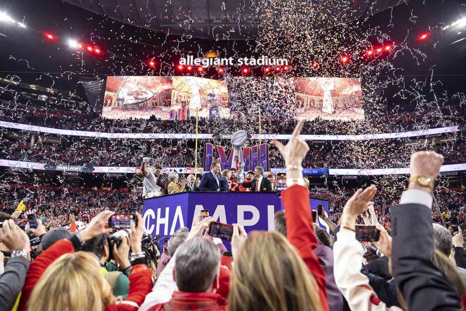 <p>Michael Owens/Getty Images</p> The Kansas City Chiefs win the 2024 Super Bowl.