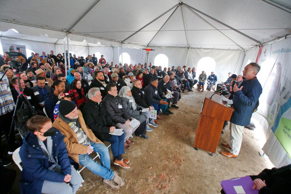 Mayor Jon Mitchell speaks at the announcement ceremony for the future NorthStar Learning Academy to be constructed on Rivet Street in New Bedford.