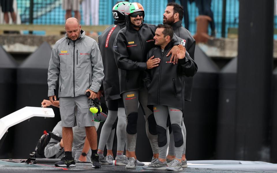 Prada Luna Rossa and their support crew celebrate two more wins against INEOS team UK during day two of the Prada Cup Finalon Auckland Harbour on February 14, 2021 in Auckland - Getty Images