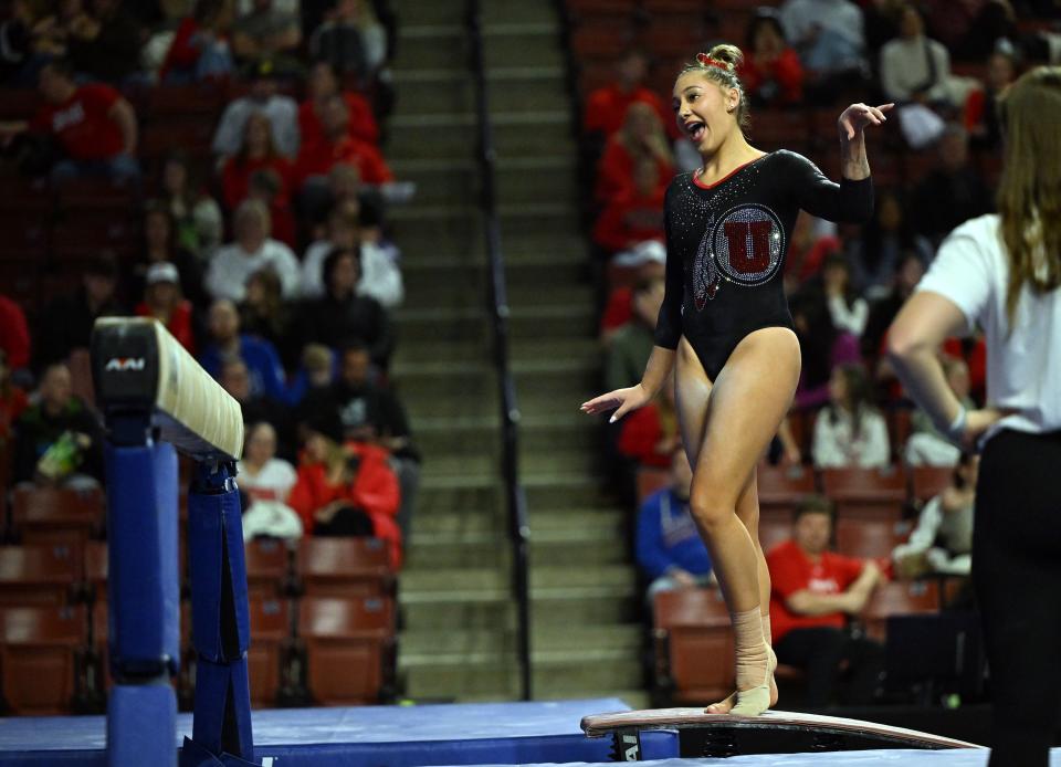 Utah’s Makenna Smith dances prior to her Beam routine as BYU, Utah, SUU and Utah State meet in the Rio Tinto Best of Utah Gymnastics competition at the Maverick Center in West Valley City on Monday, Jan. 15, 2024. | Scott G Winterton, Deseret News