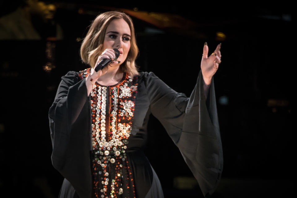 Adele performs on The Pyramid Stage on day 2 of the Glastonbury Festival at Worthy Farm, Pilton on June 25, 2016 in Glastonbury, England. Now its 46th year the festival is one largest music festivals in the world and this year features headline acts Muse, Adele and Coldplay. The Festival, which Michael Eavis started in 1970 when several hundred hippies paid just Â£1, now attracts more than 175,000 people.  (Photo by Ian Gavan/Getty Images)