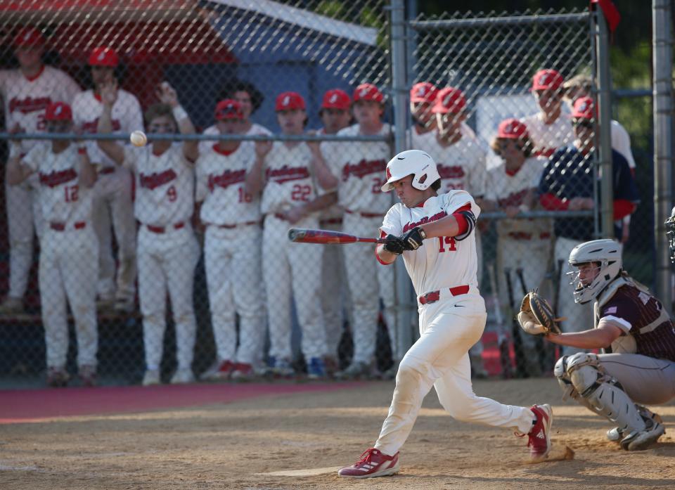 Roy C. Ketcham's Michael Schiavone hits a double during Wednesday's game versus Arlington on May 17, 2023. 