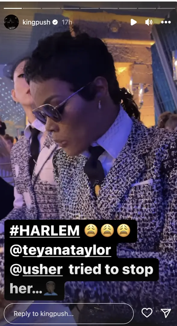 Teyana in a textured jacket and braided hair at an event with text overlay mentioning Usher tried to stop her