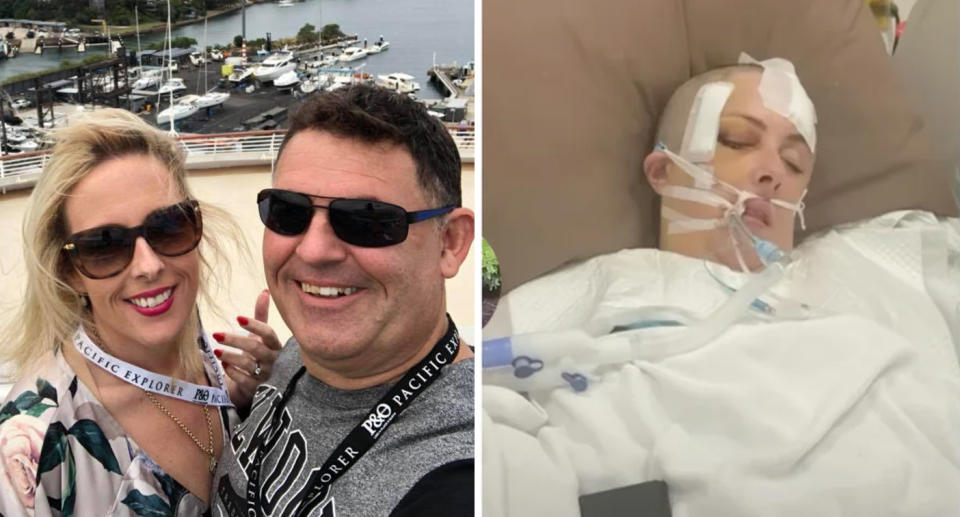 A photo of Kylee Enwright, 48, and her husband Paul in Darling Harbour, Sydney. A photo of Kylee in hospital after sustaining serious head injuries after a fall while holidaying in Thailand. 
