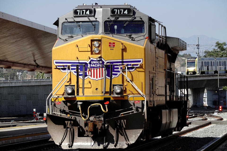 A GE AC4400CW diesel-electric locomotive in Union Pacific livery, is seen in Los Angeles ahead of a possible strike if there is no deal with the rail worker unions. (REUTERS/Bing Guan)