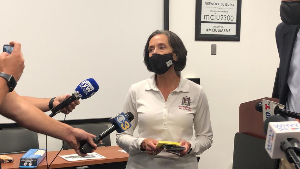 Montgomery County Commissioner Valerie Arkoosh speaks to reporters at the resource center in Norristown Wednesday. The center, at 2 W. Lafayette St. is available to assist residents whose homes were damaged by Tropical Depression Ida.