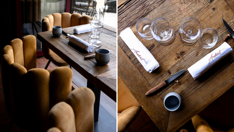 Composite image: chairs and table setting at restaurant Ardent, and aerial shot of wooden table and napkins