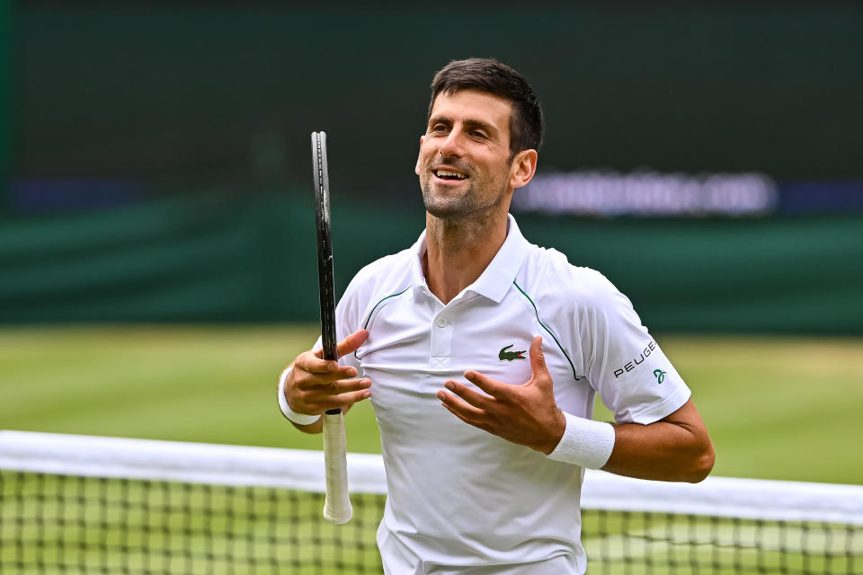 Seen here, Novak Djokovic reacts after his Wimbledon quarter-final victory.