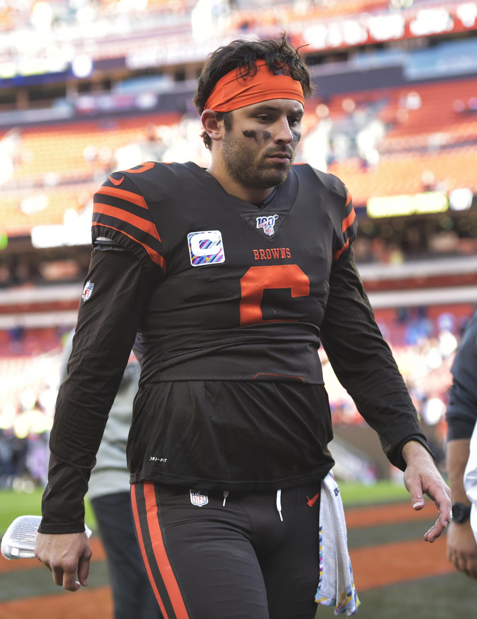 Cleveland Browns quarterback Baker Mayfield walks off the field after the Seattle Seahawks defeated his team in an NFL football game, Sunday, Oct. 13, 2019, in Cleveland. (AP Photo/David Richard)