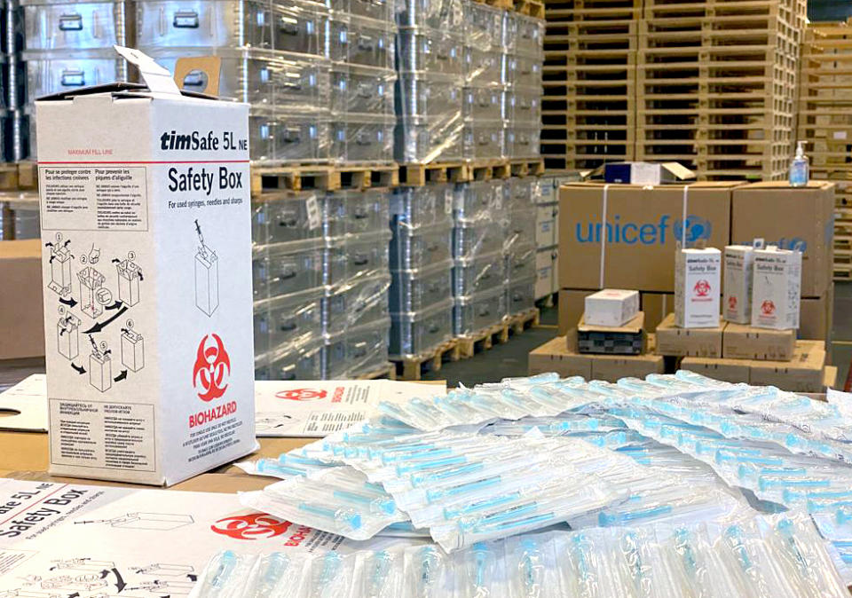 Auto-disable syringes and safety boxes that are being used in the Covid-19 response at UNICEF's warehouse in Copenhagen, Denmark on Dec. 7, 2020. (UNICEF)