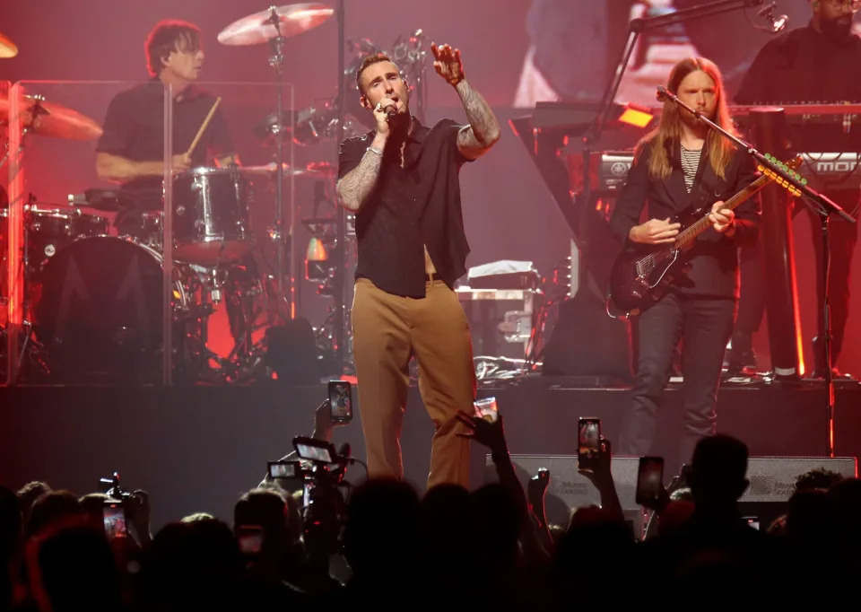 LAS VEGAS, NEVADA - OCTOBER 01: (L-R) Drummer Matt Flynn, singer Adam Levine, guitarist James Valentine and keyboardist P.J. Morton of Maroon 5 during The Event hosted by the Shaquille O'Neal Foundation at MGM Grand Garden Arena on October 01, 2022 in Las Vegas, Nevada. (Photo by Gabe Ginsberg/Getty Images for The Shaquille O'Neal Foundation)