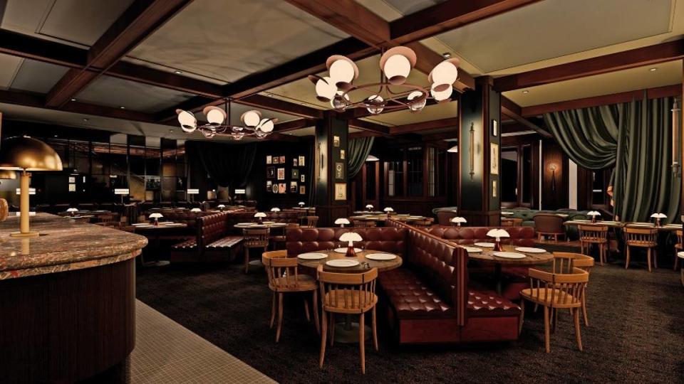 Baraboo Supper Club would serve fare in a plush environment that combines the Pacific Northwest and the Midwest, shown in this rendering. Courtesy of Hendricks Commercial Properties and Geronimo Hospitality Group