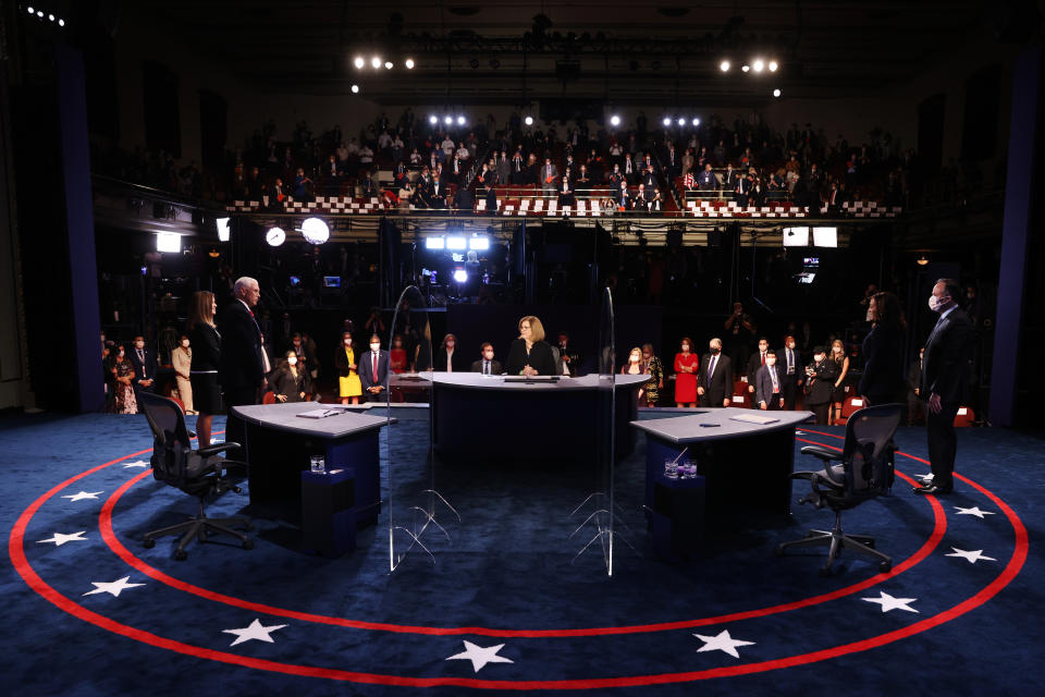 SALT LAKE CITY, UTAH - OCTOBER 07: Democratic vice presidential nominee Sen. Kamala Harris (D-CA) and husband Douglas Emhoff (R) and Vice President Mike Pence and wife Karen Pence appear on stage after the vice presidential debate at the University of Utah on October 7, 2020 in Salt Lake City, Utah. The vice presidential candidates only meet once to debate before the general election on November 3. (Photo by Justin Sullivan/Getty Images)