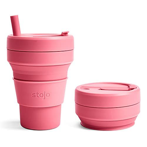 Stojo Jr Collapsible Travel Cup with Straw for Kids - Peony Pink, 8oz / 250ml - Leak-Proof Reusable To-Go Pocket Size Silicone Bottle for Hot & Cold Drinks - Camping & Hiking - Dishwasher Safe