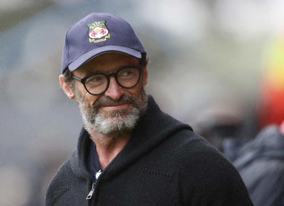 Soccer Football - England - League Two - Wrexham v Milton Keynes Dons - Racecourse Ground, Wrexham, Britain - August 5, 2023 Actor Hugh Jackman is seen before the match Action Images via Reuters/Ed Sykes EDITORIAL USE ONLY. No use with unauthorized audio, video, data, fixture lists, club/league logos or 'live' services. Online in-match use limited to 75 images, no video emulation. No use in betting, games or single club /league/player publications.  Please contact your account representative for further details.