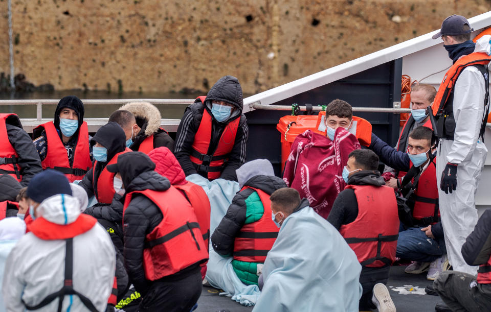 DOVER, ENGLAND -JUNE 7: Border Force Typhoon bring Migrants ashore at Dover Docks this morning that had been rescue mid channel at Dungeness, in Dover, England on June 7, 2022. Border Force and the military were there to assist the Migrants trying to reach the UK. (Photo by Stuart Brock/Anadolu Agency via Getty Images)