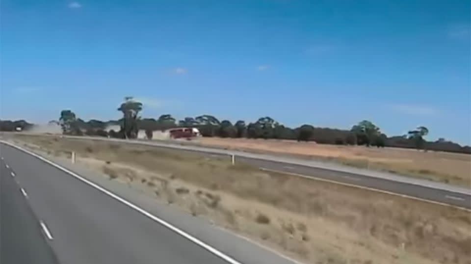 The truck driver can be seen veering off the road and straight for the irrigational channel. Source: YouTube