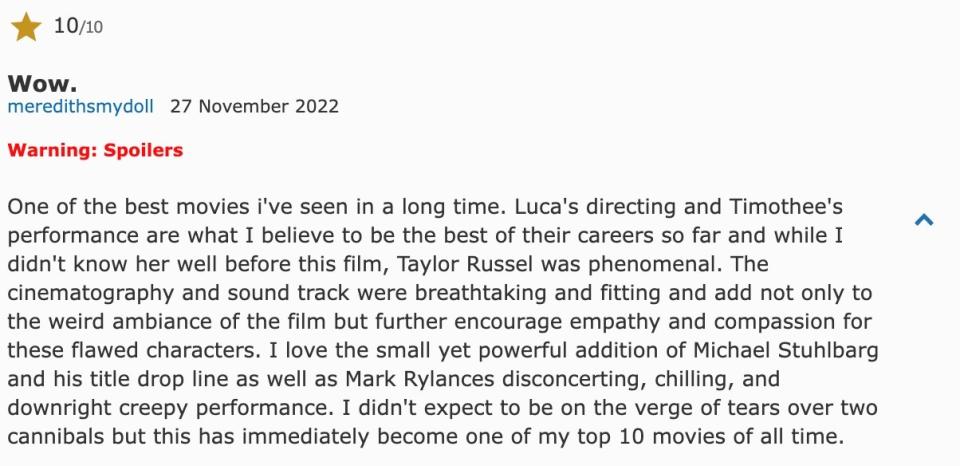 10 star IMDB review for "Bones And All"