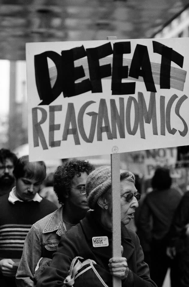 A demonstrator on Sept. 3, 1981, holds a 