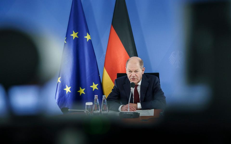 Olaf Sholz, the German Chancellor, pictured during a video conference with allies on Ukraine yesterday - Jesco Denzel/Pool/EPA-EFE/Shutterstock