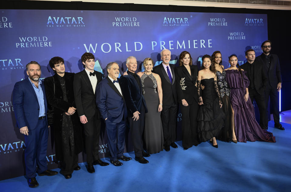 LONDON, ENGLAND - DECEMBER 06: (L-R) Brendan Cowell, Jamie Flatters, Jack Champion, Jon Landau, Stephen Lang, Kate Winslet, James Cameron, Sigourney Weaver, Trinity Jo-Li Bliss, Zoe Saldana, Bailey Bass, Sam Worthington and Joel David Moore attend the world premiere of James Cameron's "Avatar: The Way of Water" at the Odeon Luxe Leicester Square on December 06, 2022 in London, England. (Photo by Gareth Cattermole/Getty Images for Disney)