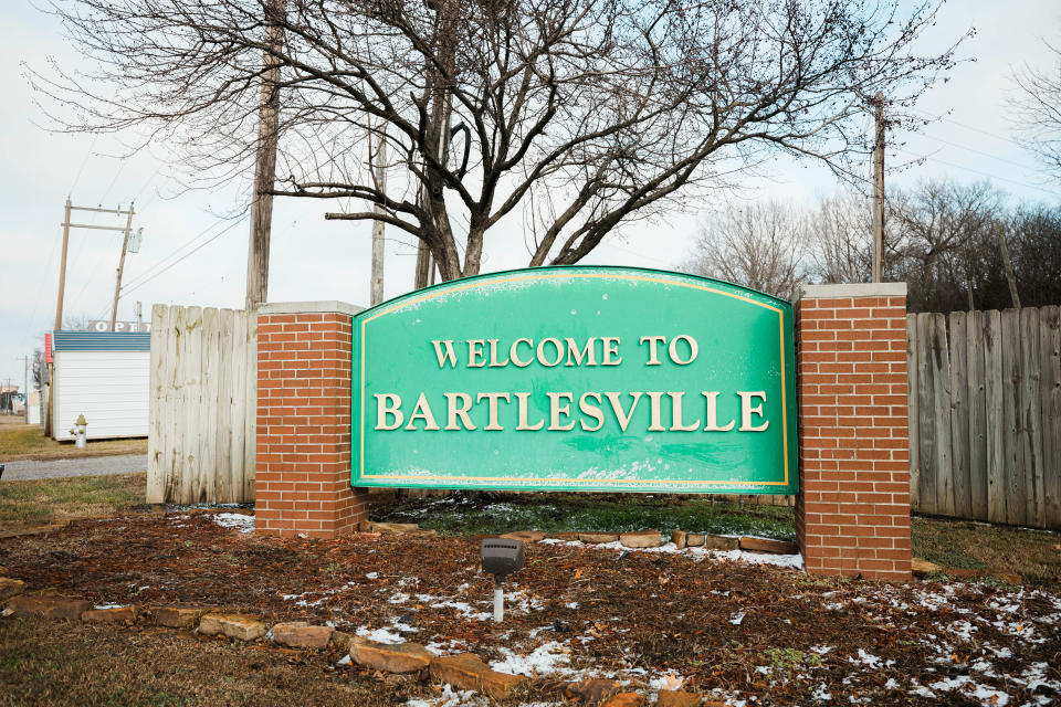 The Welcome to Bartlesville sign sit just south of the 15 acre Cherokee Nation Entertainment property.
