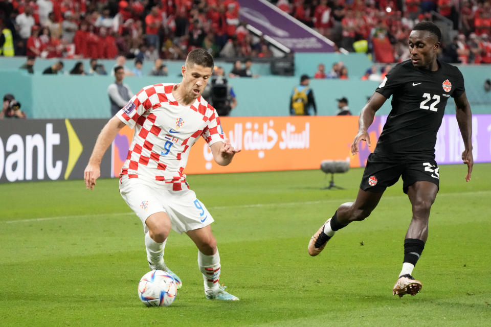 DOHA, QATAR - NOVEMBER 27: Andrej Kramaric of Croatia in action during the FIFA World Cup Qatar 2022 Group F match between Croatia and Canada at Khalifa International Stadium on November 27, 2022 in Doha, Qatar. (Photo by Koji Watanabe/Getty Images)