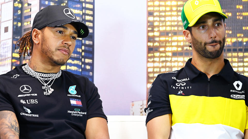 Lewis Hamilton and Daniel Ricciardo, pictured here at a press conference ahead of the Australian Grand Prix.