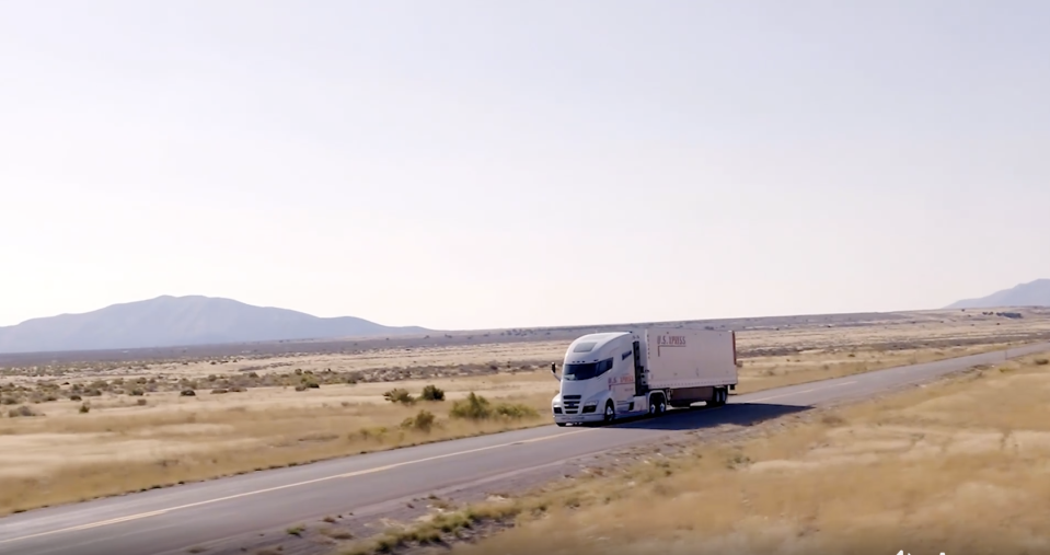 A screenshot of the video of the Nikola Hydrogen Electric Semi "in action." 